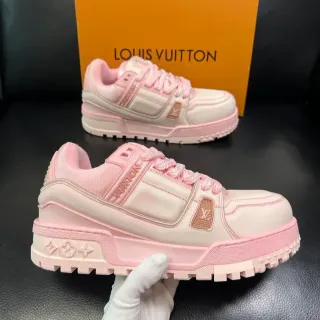 Louis Vuitton LV Trainer Pink Beige Chunky Layered Sole Embossed Monogram Details Lifestyle Sneakers