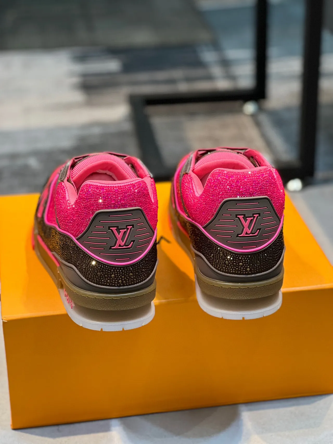 Louis Vuitton LV Trainer Pink Brown Crystal-Embellished Layered Upper Lifestyle Sneakers 2