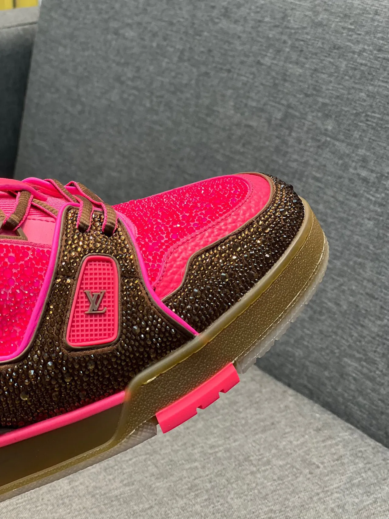 Louis Vuitton LV Trainer Pink Brown Crystal-Embellished Layered Upper Lifestyle Sneakers 3