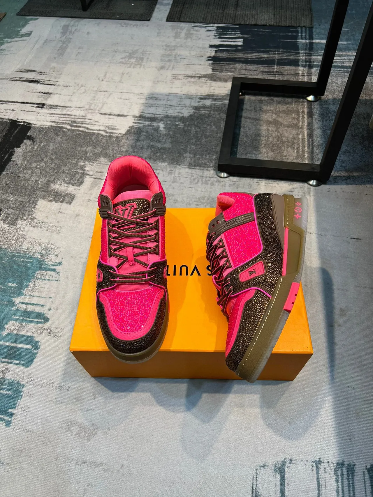 Louis Vuitton LV Trainer Pink Brown Crystal-Embellished Layered Upper Lifestyle Sneakers 4