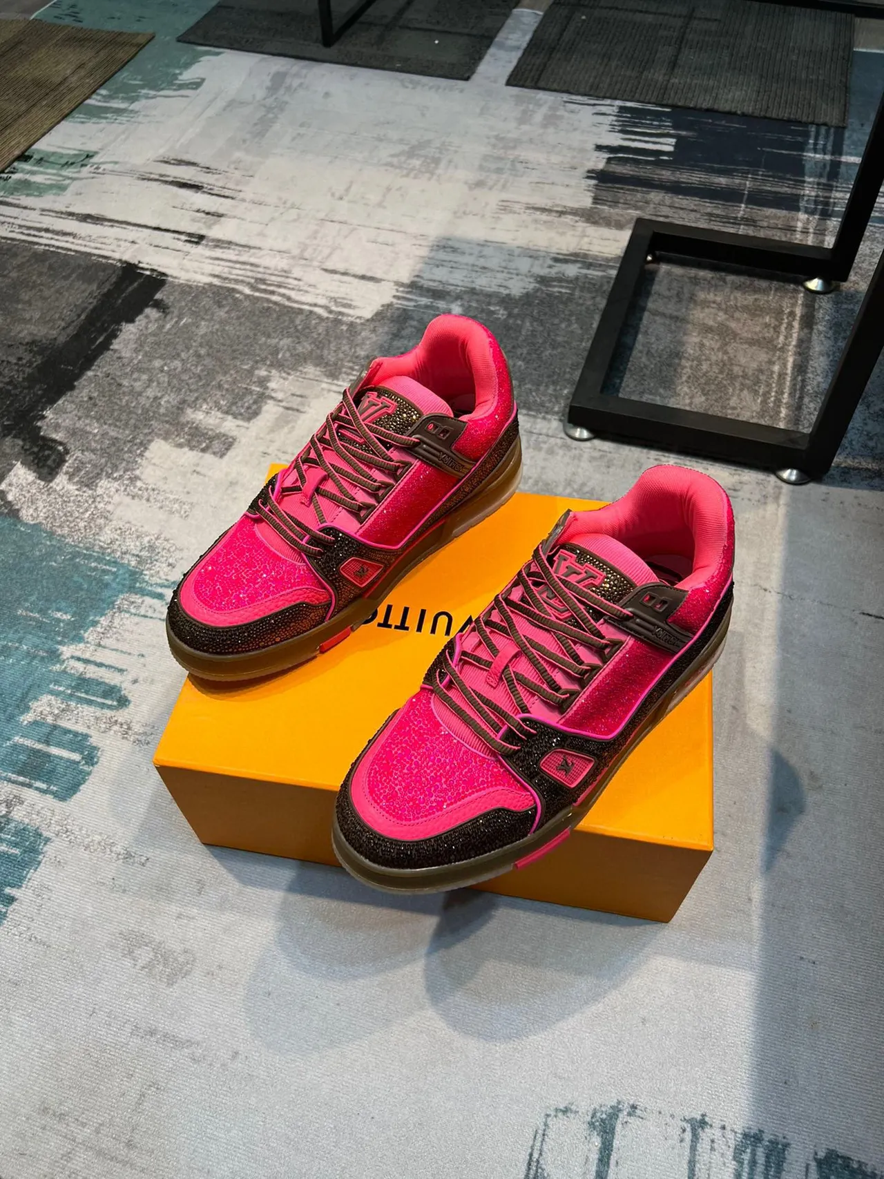 Louis Vuitton LV Trainer Pink Brown Crystal-Embellished Layered Upper Lifestyle Sneakers 5