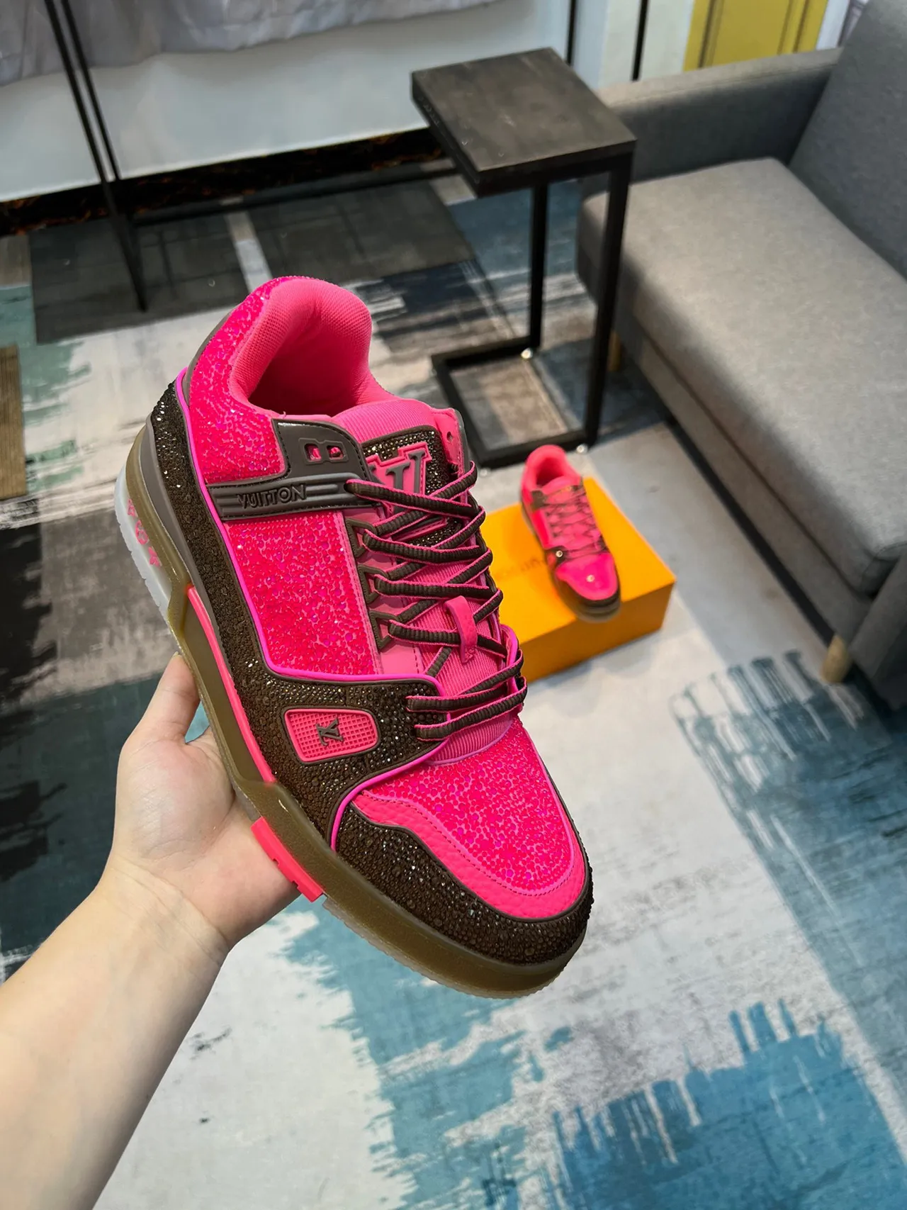 Louis Vuitton LV Trainer Pink Brown Crystal-Embellished Layered Upper Lifestyle Sneakers 6