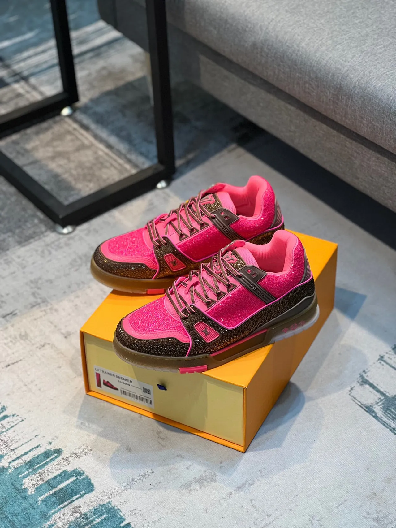 Louis Vuitton LV Trainer Pink Brown Crystal-Embellished Layered Upper Lifestyle Sneakers 7