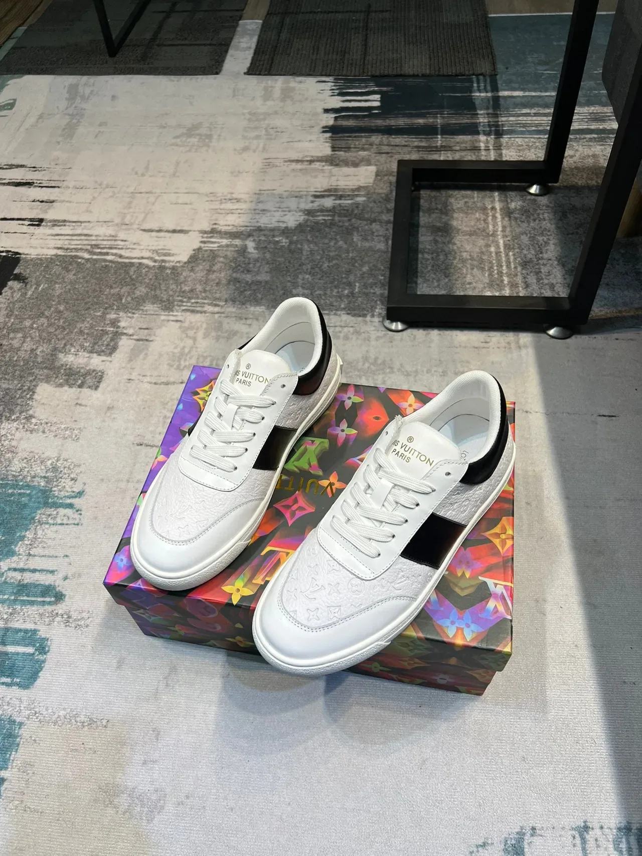 Louis Vuitton LV Trainer White Black Monogram-Textured Leather Contrasting Side Stripe Lifestyle Sneakers 5