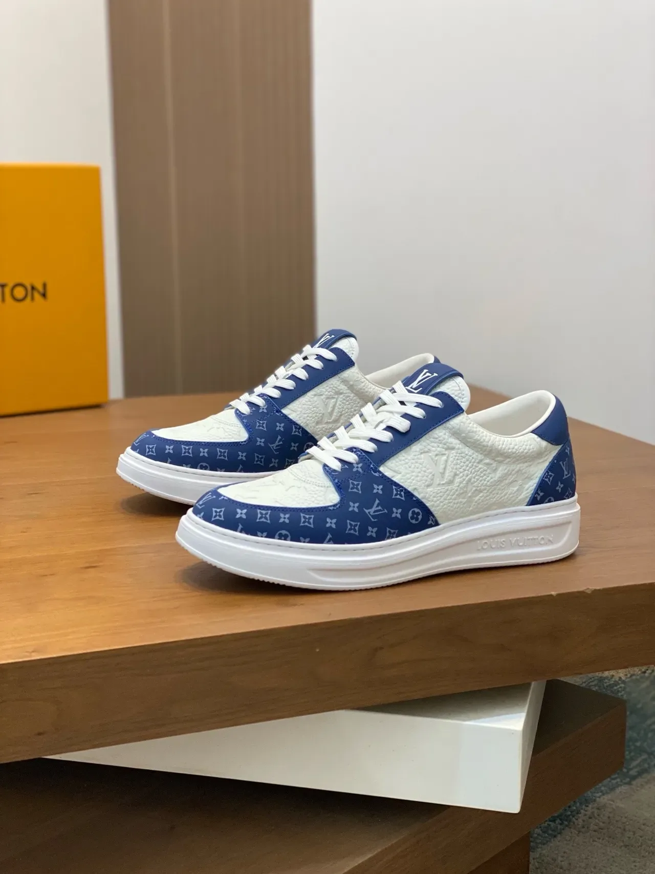 Louis Vuitton LV Trainer White Blue Embossed Monogram Leather Monogrammed Overlays Lifestyle Sneakers 4