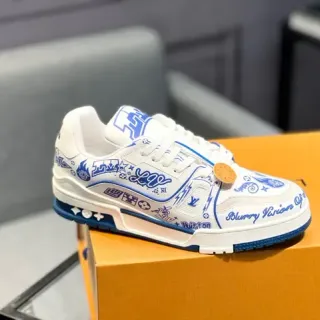 Louis Vuitton LV Trainer White Blue Graphic-Printed Low-Top Lifestyle Sneakers
