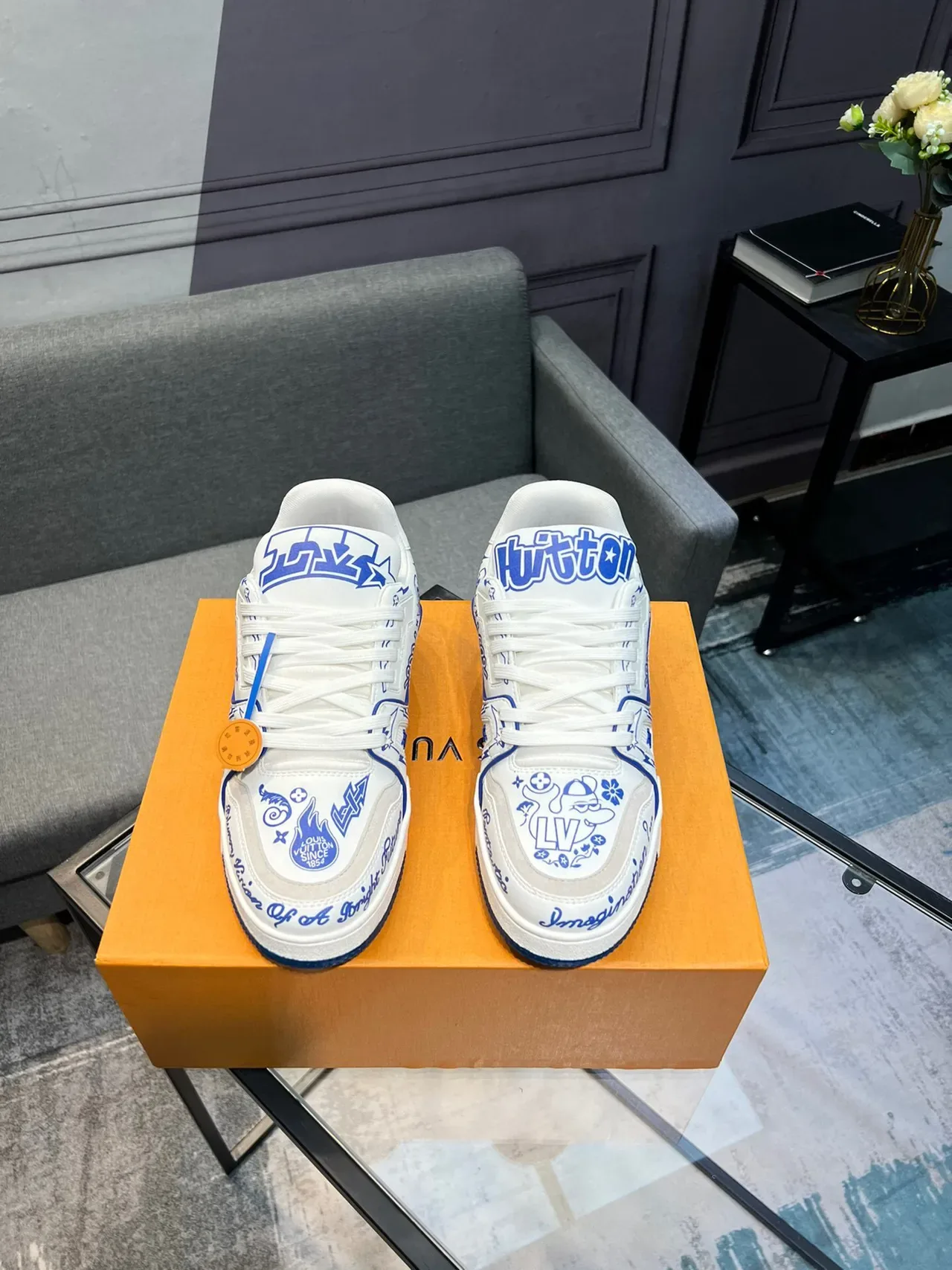 Louis Vuitton LV Trainer White Blue Graphic-Printed Low-Top Lifestyle Sneakers 2