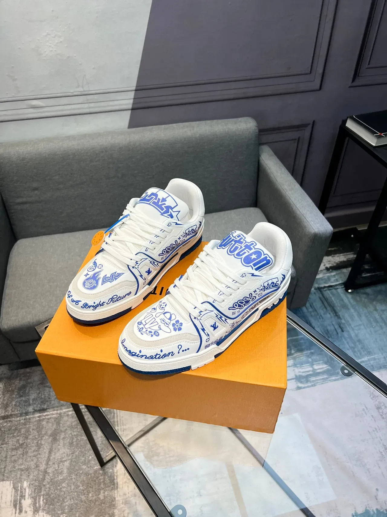 Louis Vuitton LV Trainer White Blue Graphic-Printed Low-Top Lifestyle Sneakers 3