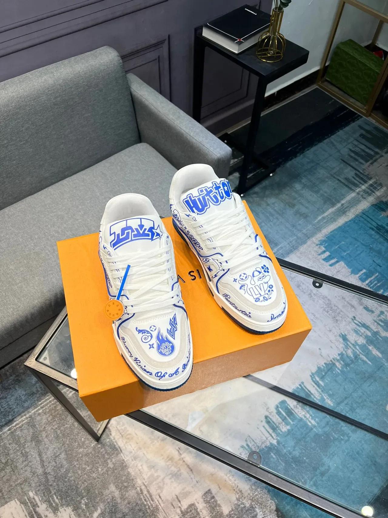 Louis Vuitton LV Trainer White Blue Graphic-Printed Low-Top Lifestyle Sneakers 5