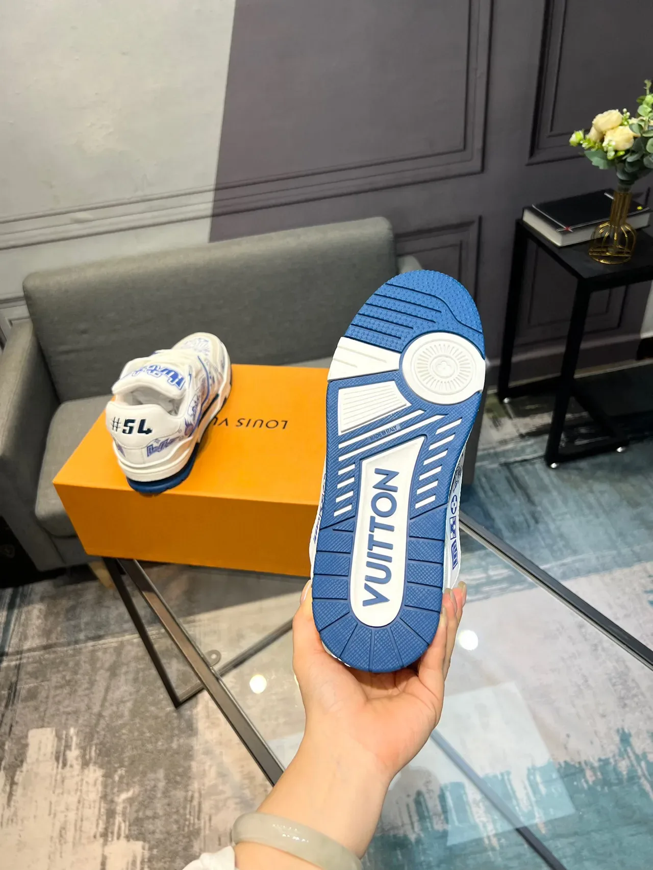 Louis Vuitton LV Trainer White Blue Graphic-Printed Low-Top Lifestyle Sneakers 7
