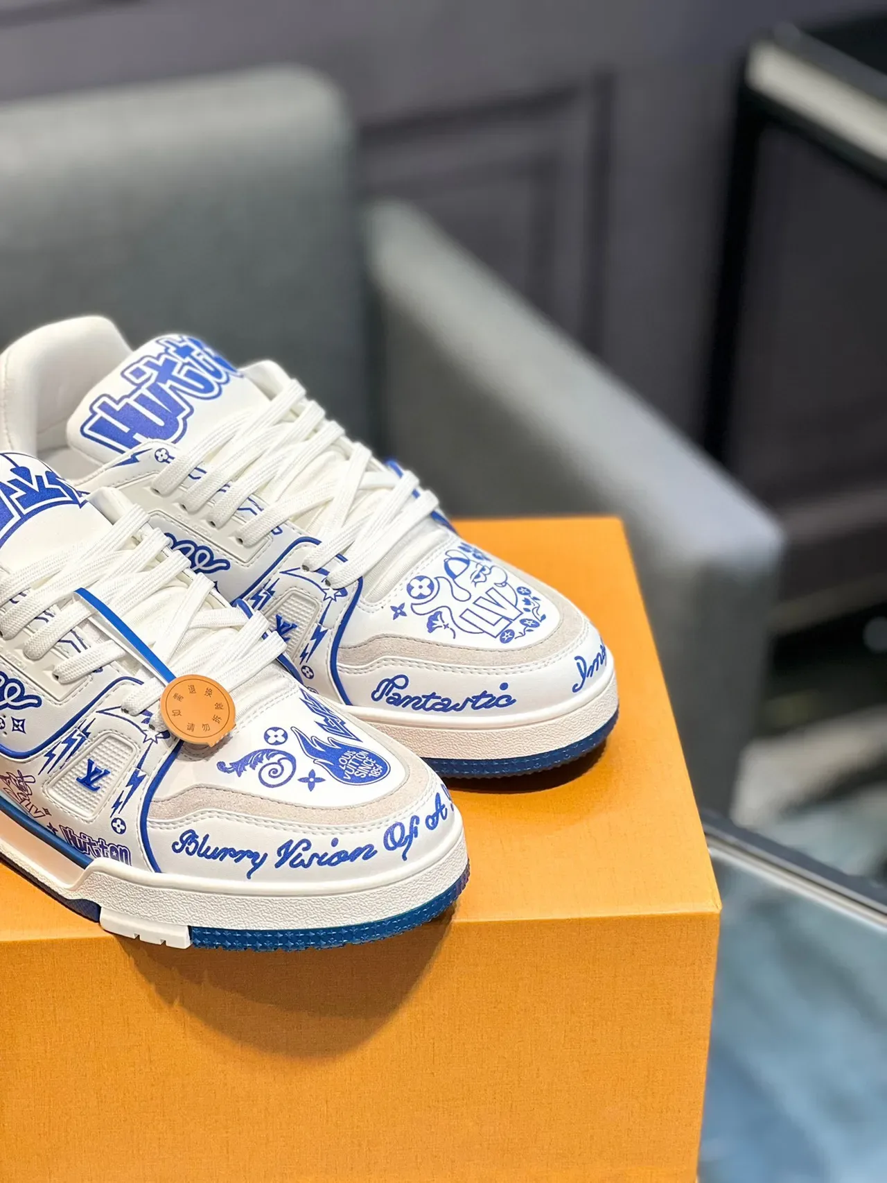 Louis Vuitton LV Trainer White Blue Graphic-Printed Low-Top Lifestyle Sneakers 9