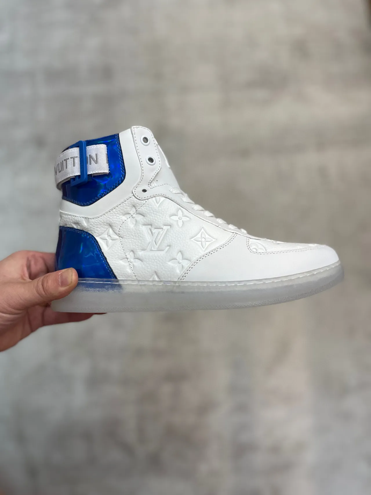 Louis Vuitton LV Trainer White Blue High-Top Embossed Monogram Lifestyle Sneakers 4