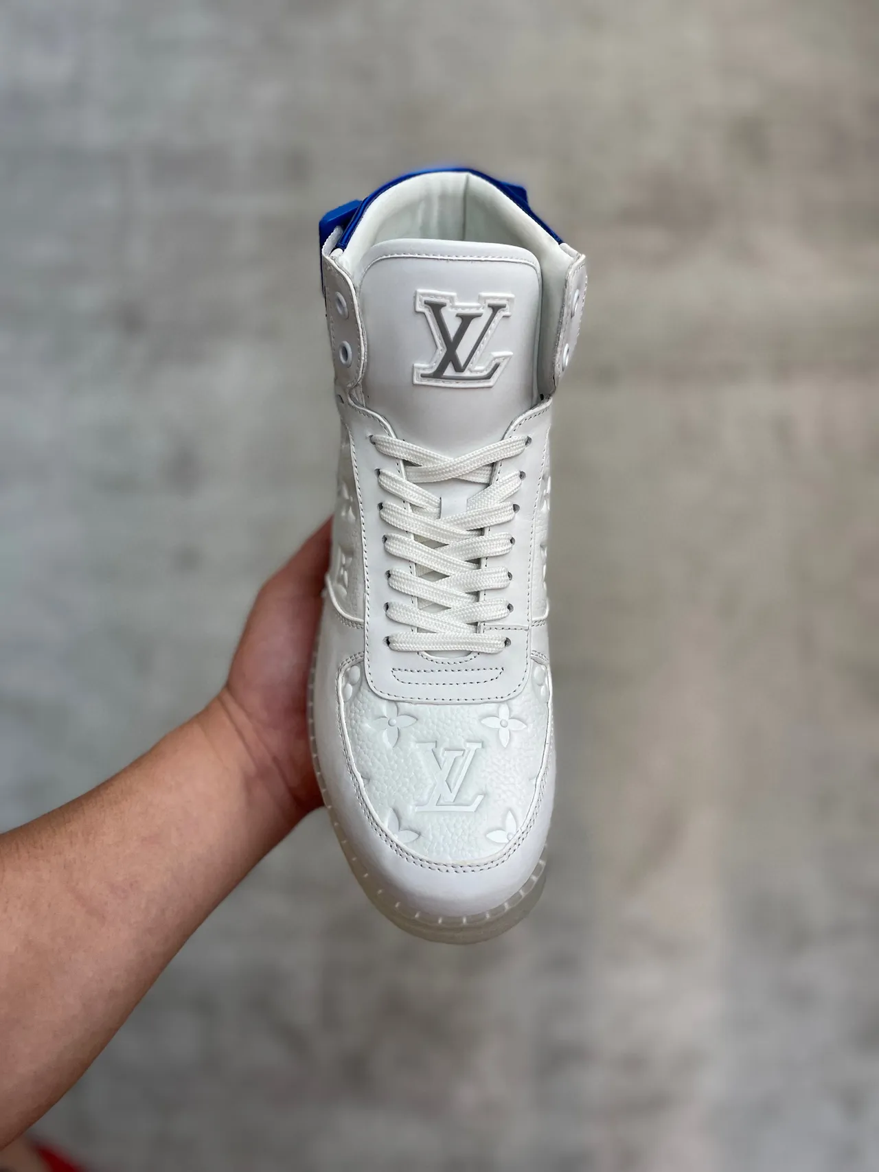 Louis Vuitton LV Trainer White Blue High-Top Embossed Monogram Lifestyle Sneakers 7