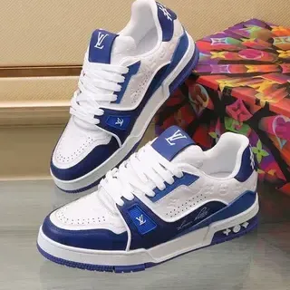 Louis Vuitton LV Trainer Blanco Azul Cuero en Capas Dedo Perforado Zapatillas Lifestyle