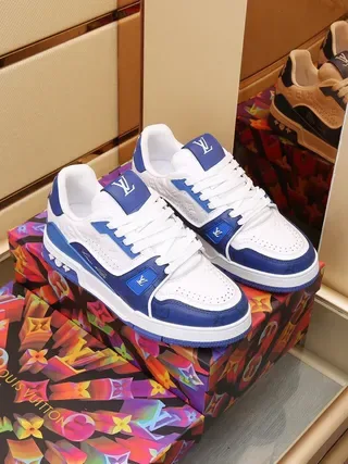 Louis Vuitton LV Trainer White Blue Layered Leather Perforated Toe Lifestyle Sneakers 3