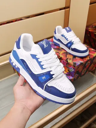 Louis Vuitton LV Trainer White Blue Layered Leather Perforated Toe Lifestyle Sneakers 5