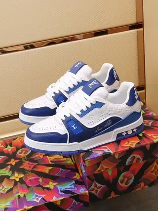 Louis Vuitton LV Trainer White Blue Layered Leather Perforated Toe Lifestyle Sneakers 9
