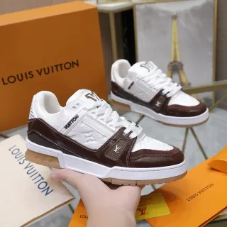 Louis Vuitton LV Trainer White Brown Quilted Monogram Leather Glossy Patent Strap Lifestyle Sneakers