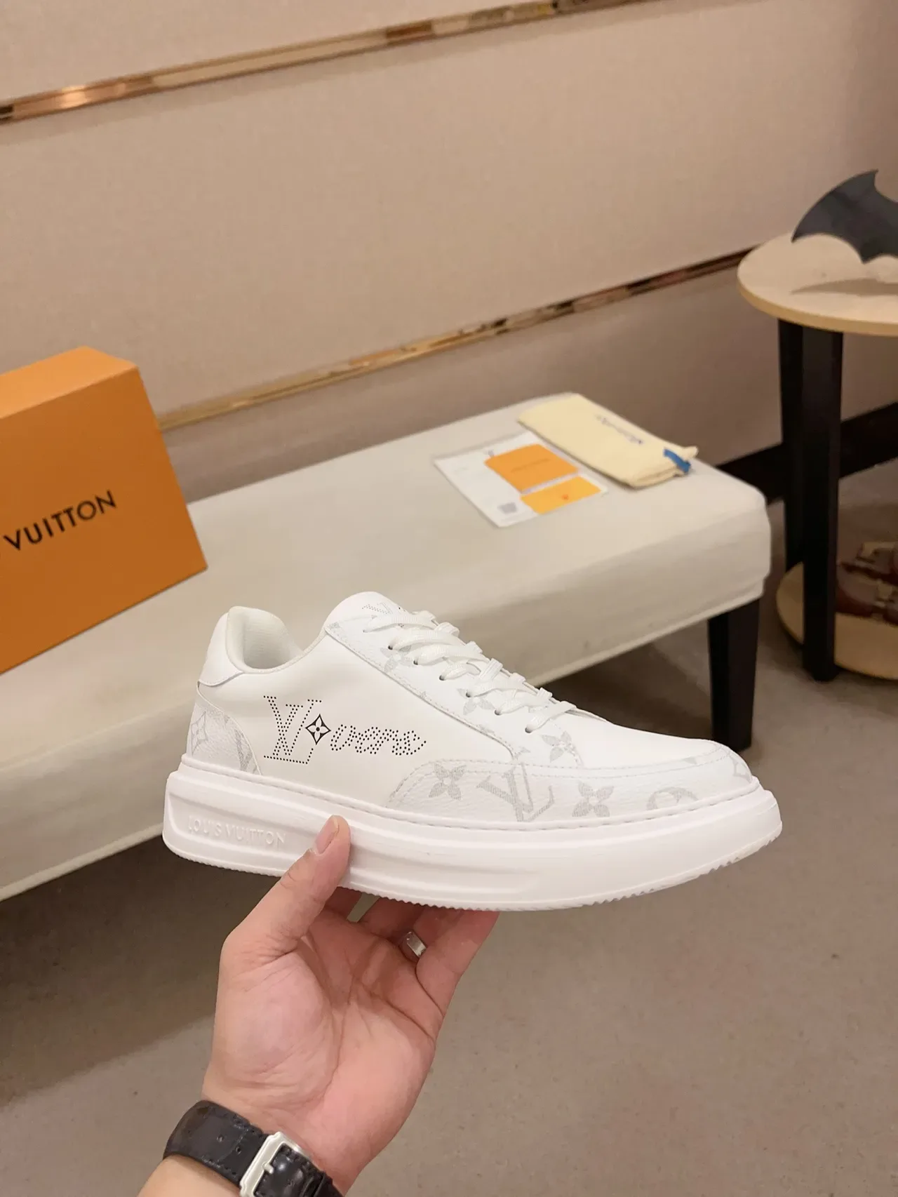 Louis Vuitton LV Trainer White Gray Monogram-Print Leather Perforated Logo Detail Lifestyle Sneakers 4