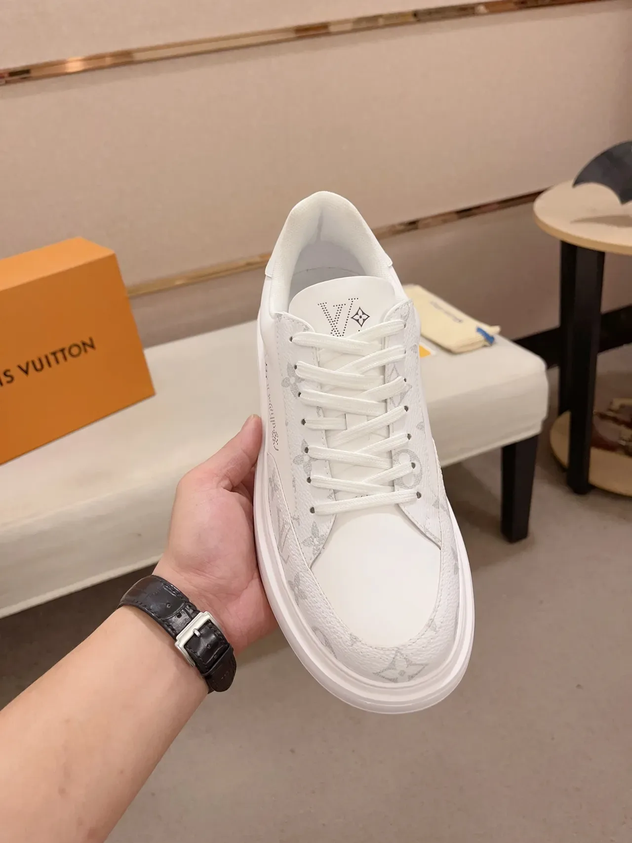 Louis Vuitton LV Trainer White Gray Monogram-Print Leather Perforated Logo Detail Lifestyle Sneakers 5