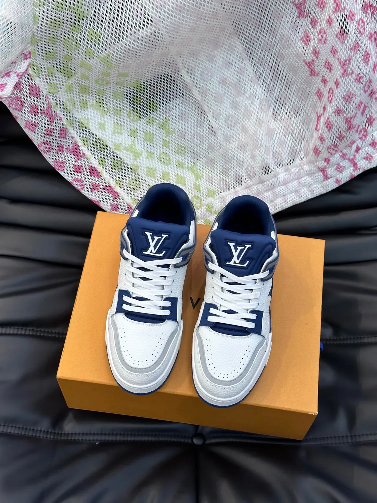 Louis Vuitton LV Trainer White Navy Pebbled Leather Upper Monogrammed Side Panel Lifestyle Sneakers 3