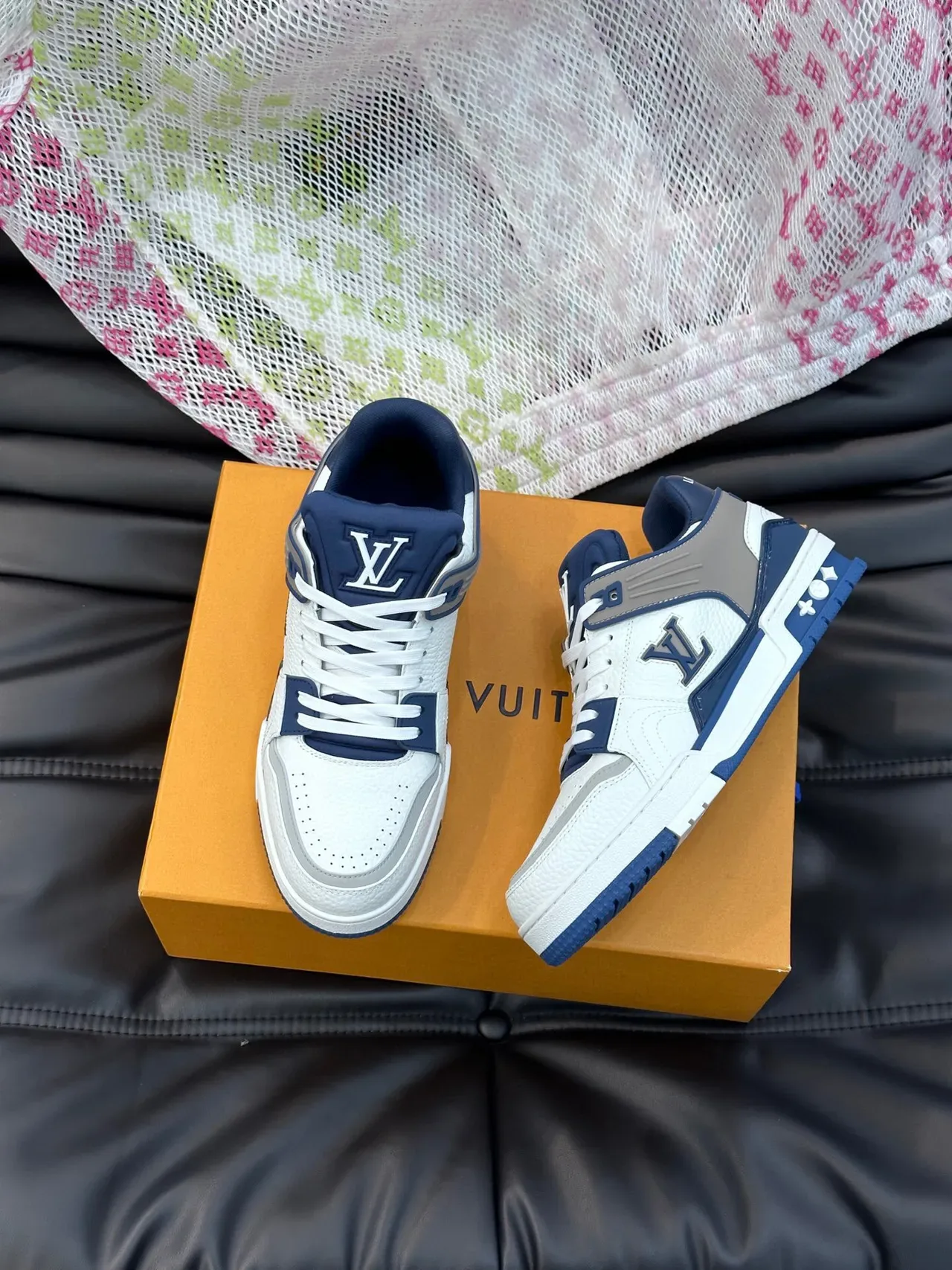Louis Vuitton LV Trainer White Navy Pebbled Leather Upper Monogrammed Side Panel Lifestyle Sneakers 4