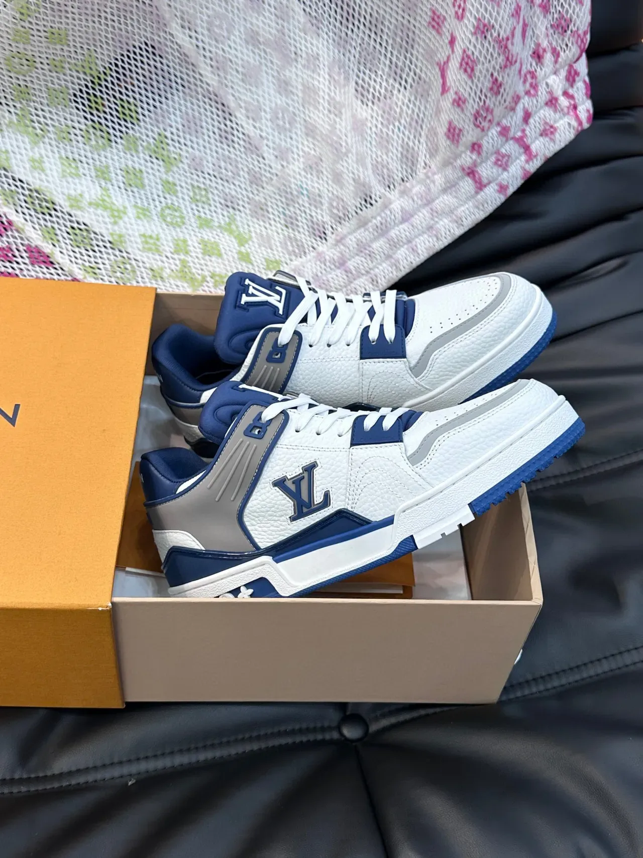 Louis Vuitton LV Trainer White Navy Pebbled Leather Upper Monogrammed Side Panel Lifestyle Sneakers 5