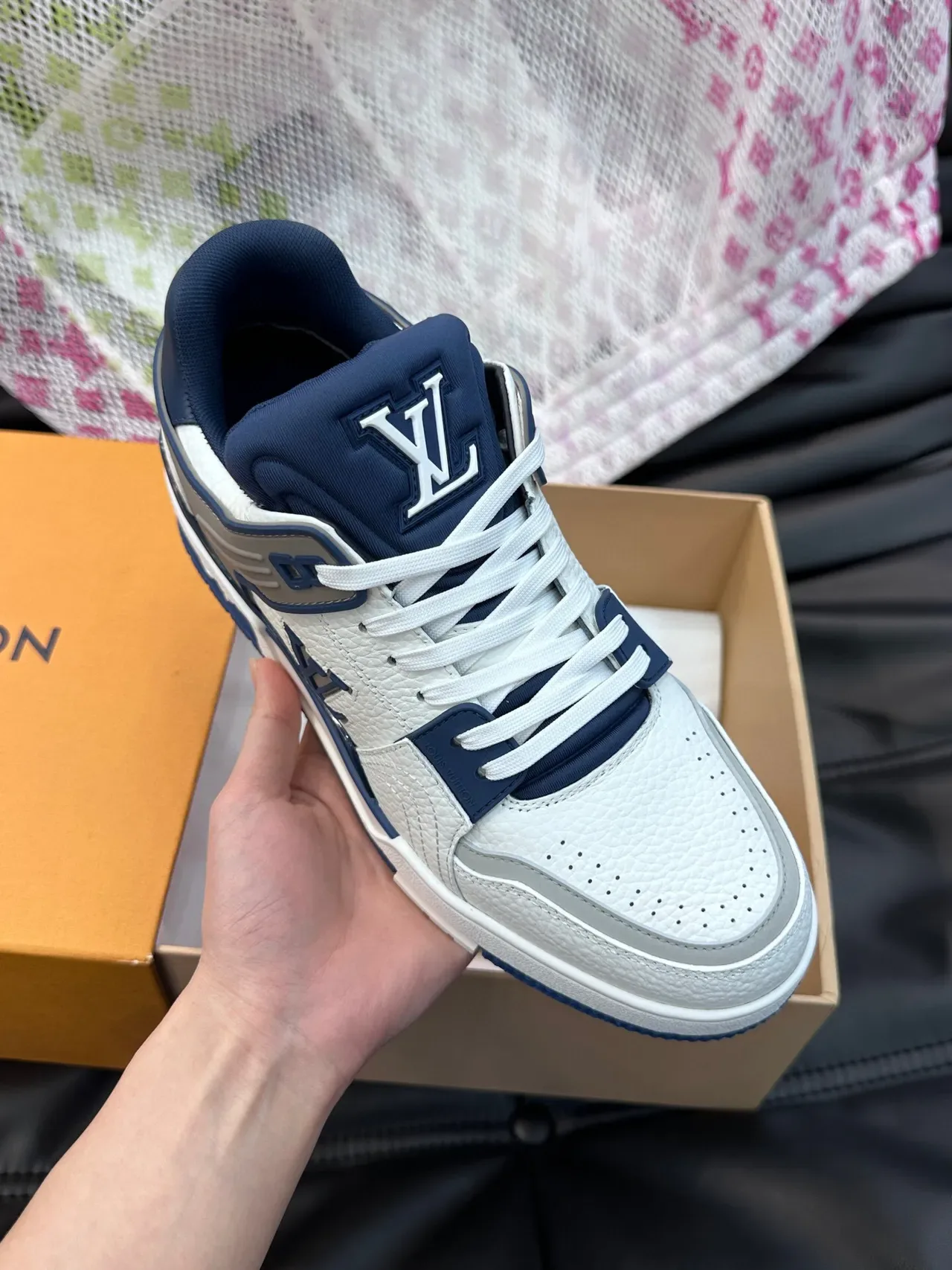 Louis Vuitton LV Trainer White Navy Pebbled Leather Upper Monogrammed Side Panel Lifestyle Sneakers 6