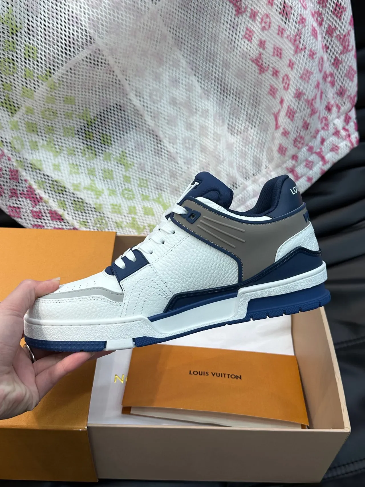 Louis Vuitton LV Trainer White Navy Pebbled Leather Upper Monogrammed Side Panel Lifestyle Sneakers 9