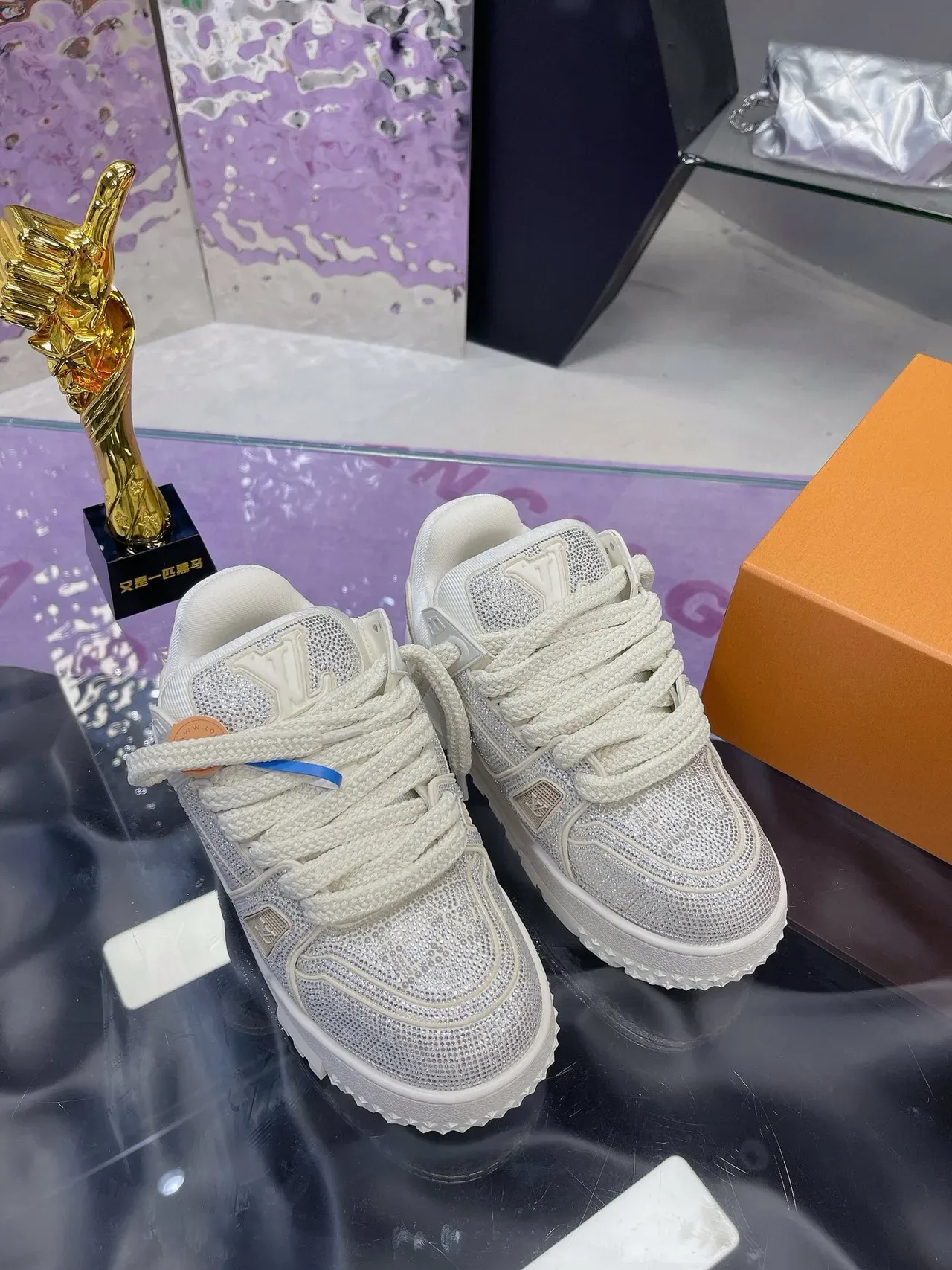 Louis Vuitton LV Trainer White Silver Crystal-Embellished Platform Sole Lifestyle Sneakers 3