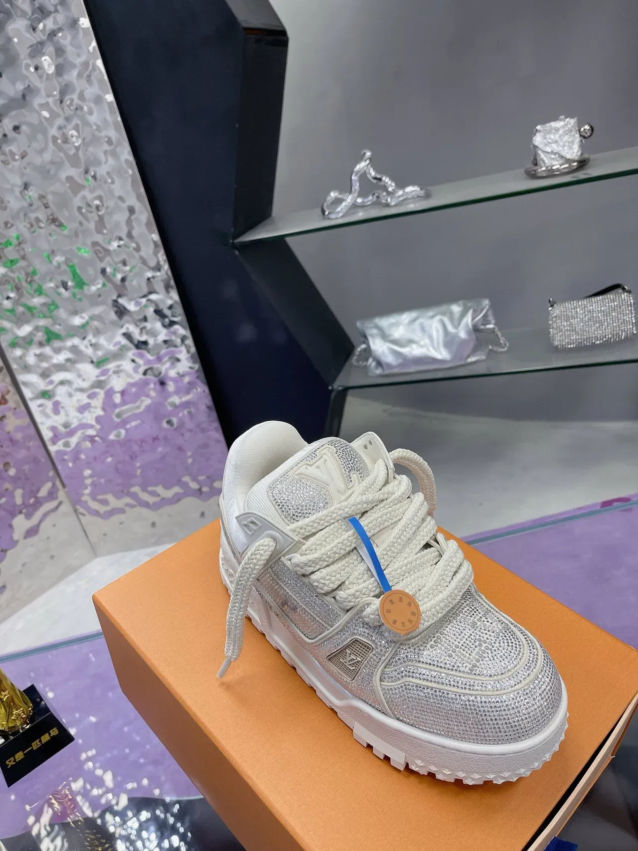 Louis Vuitton LV Trainer White Silver Crystal-Embellished Platform Sole Lifestyle Sneakers 4