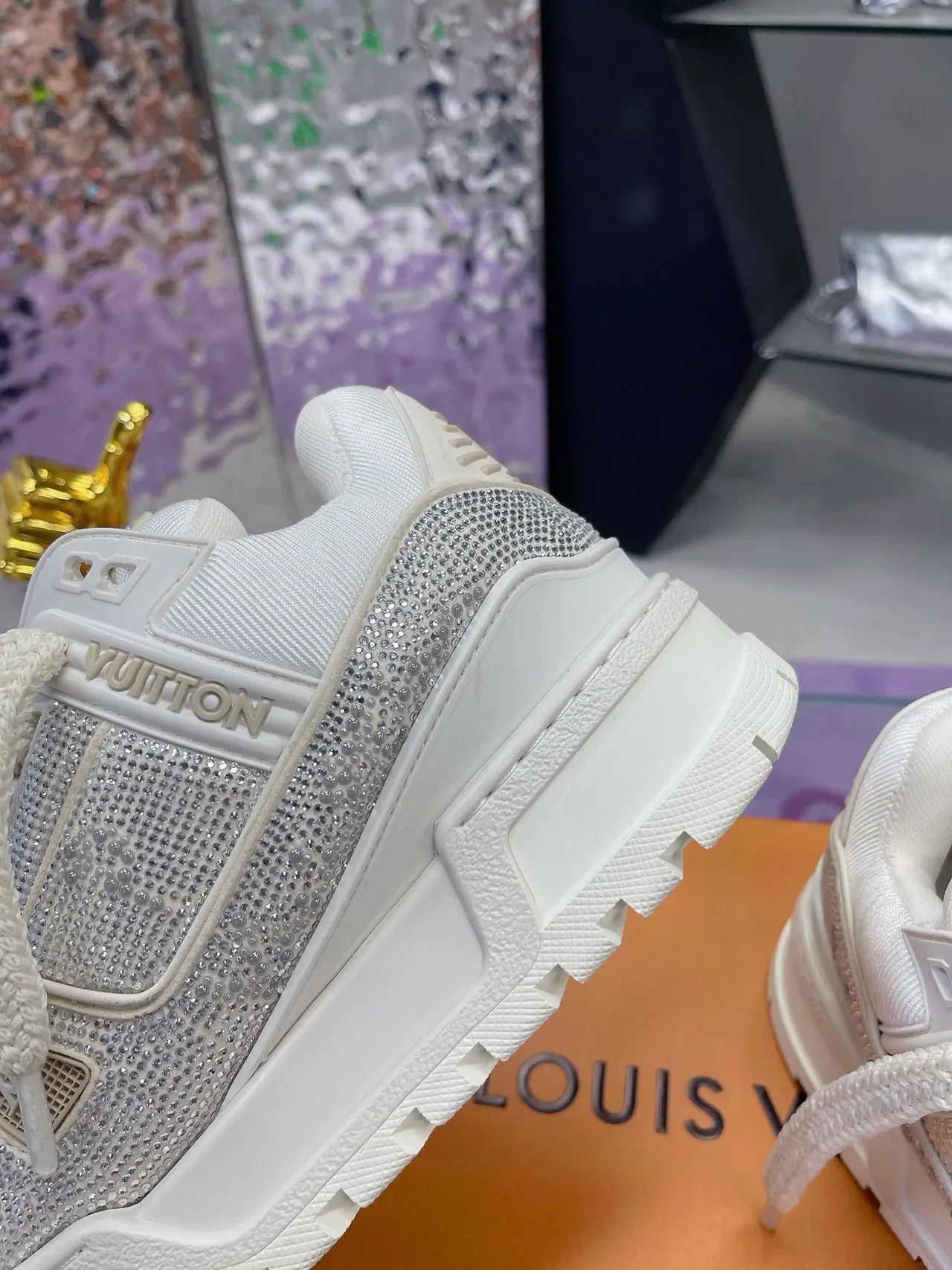 Louis Vuitton LV Trainer White Silver Crystal-Embellished Platform Sole Lifestyle Sneakers 8