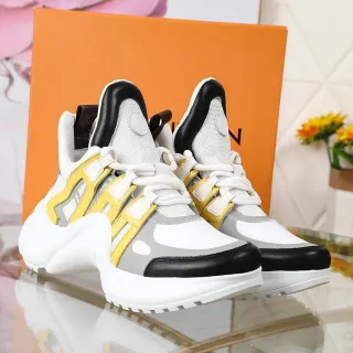 Louis Vuitton LV Trainer Tênis Branco Amarelo Sola Assimétrica Tiras Chunky Sneakers