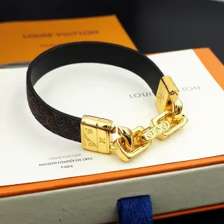 Louis Vuitton Monogram Canvas and Black Leather Gold-Tone Chain Clasp Bracelet