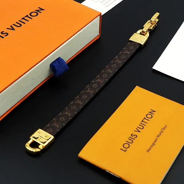 Louis Vuitton Monogram Canvas and Black Leather Gold-Tone Chain Clasp Bracelet 3