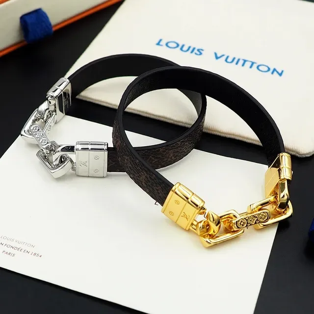 Louis Vuitton Monogram Canvas and Black Leather Gold-Tone Chain Clasp Bracelet 4