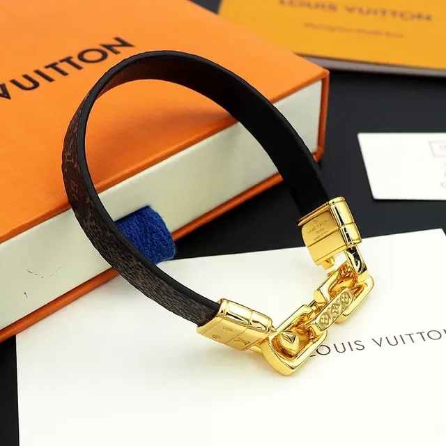 Louis Vuitton Monogram Canvas and Black Leather Gold-Tone Chain Clasp Bracelet 5