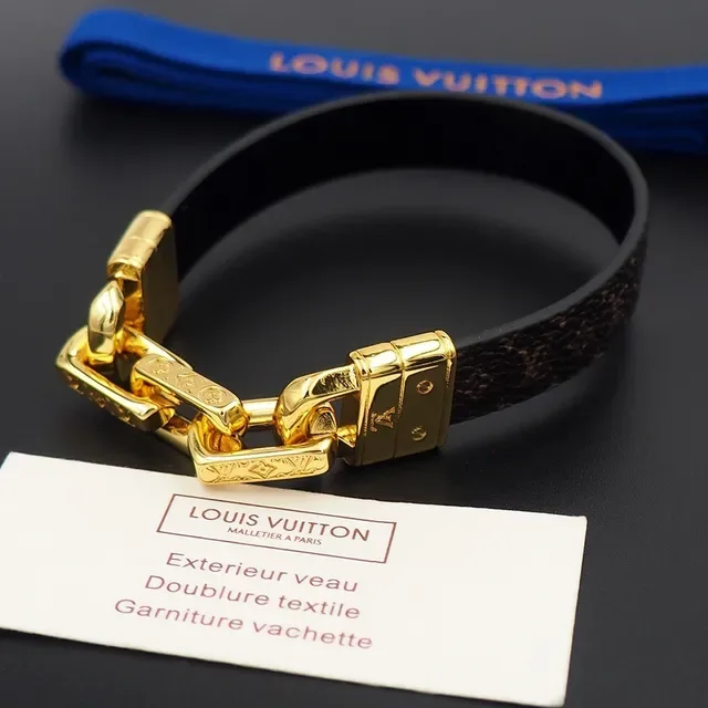 Louis Vuitton Monogram Canvas and Black Leather Gold-Tone Chain Clasp Bracelet 6