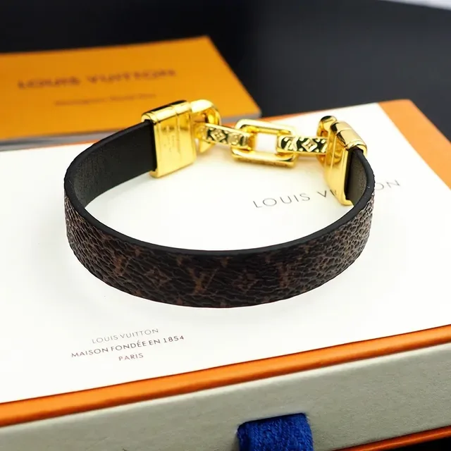 Louis Vuitton Monogram Canvas and Black Leather Gold-Tone Chain Clasp Bracelet 7