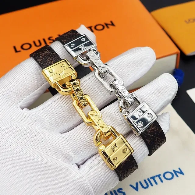 Louis Vuitton Monogram Canvas and Black Leather Gold-Tone Chain Clasp Bracelet 8