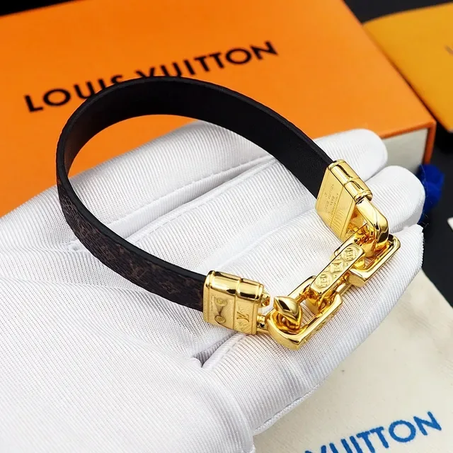Louis Vuitton Monogram Canvas and Black Leather Gold-Tone Chain Clasp Bracelet 9