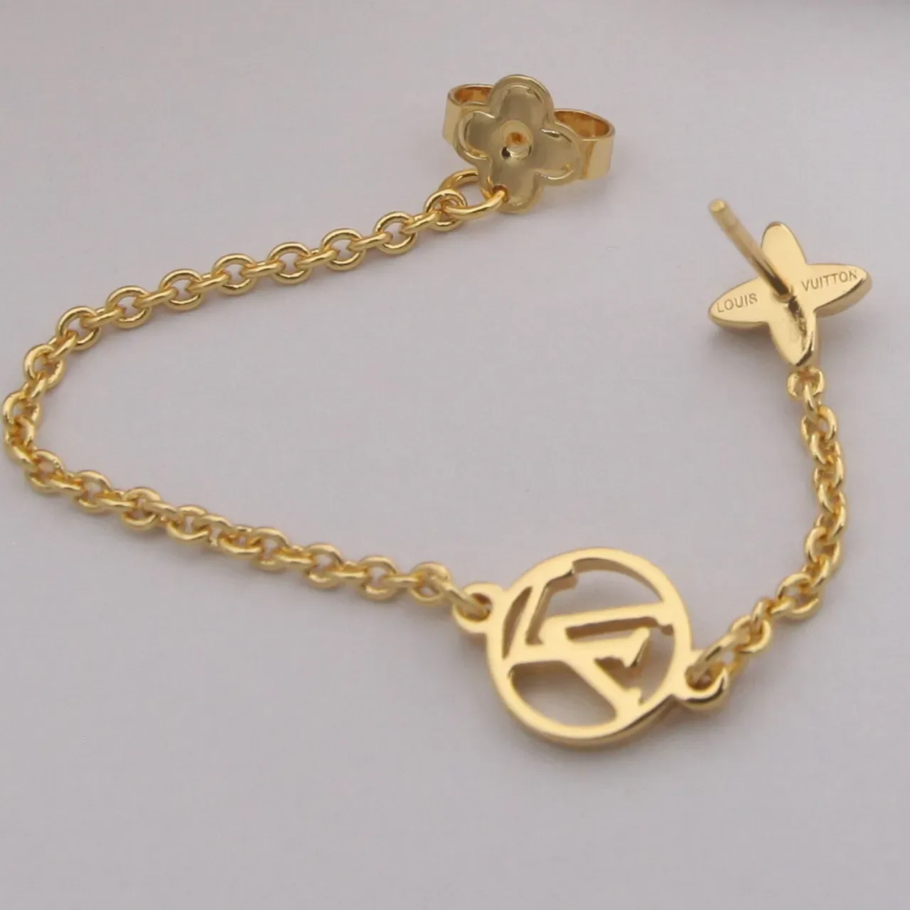Louis Vuitton Monogram Chain Gold Silver Dangling Pendant Earrings 2