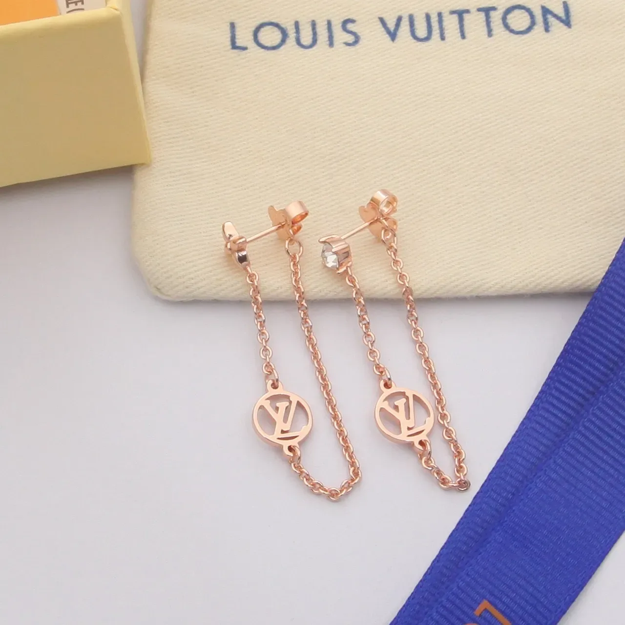 Louis Vuitton Monogram Chain Gold Silver Dangling Pendant Earrings 6