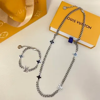 Louis Vuitton Monogram Chain Silver Black Chunky Curb Enamel-Charm Embellished Necklace