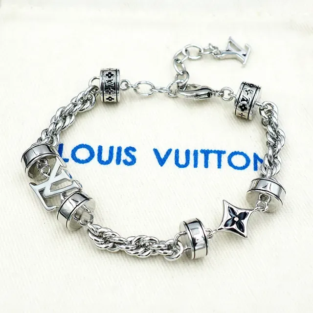 Louis Vuitton Monogram Chain Silver Black Metal Rotating Barrel Charms Bracelet 2