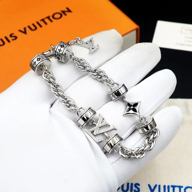Louis Vuitton Monogram Chain Silver Black Metal Rotating Barrel Charms Bracelet 7