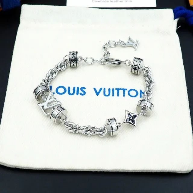 Louis Vuitton Monogram Chain Silver Black Metal Rotating Barrel Charms Bracelet 10