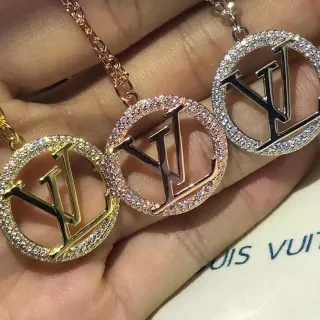 Louis Vuitton Monogram Crystal Gold Silver Circular Pendant Bezel Necklace