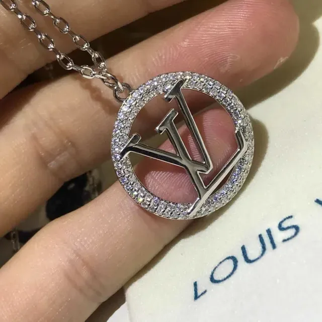 Louis Vuitton Monogram Crystal Gold Silver Circular Pendant Bezel Necklace 2