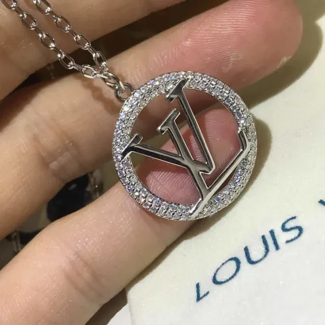 Louis Vuitton Monogram Crystal Gold Silver Circular Pendant Bezel Necklace 3
